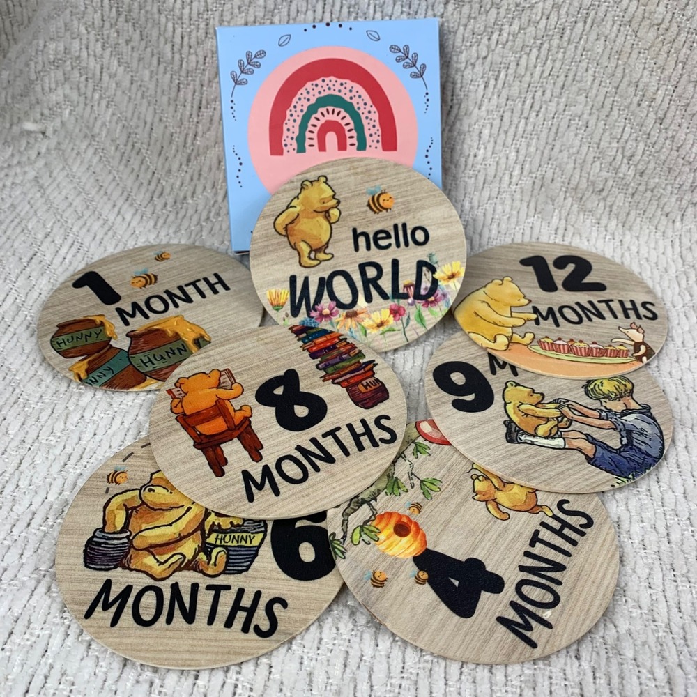 New Unbranded Baby Milestone Tan Wooden Discs Winnie the Pooh Wood Monthly Set